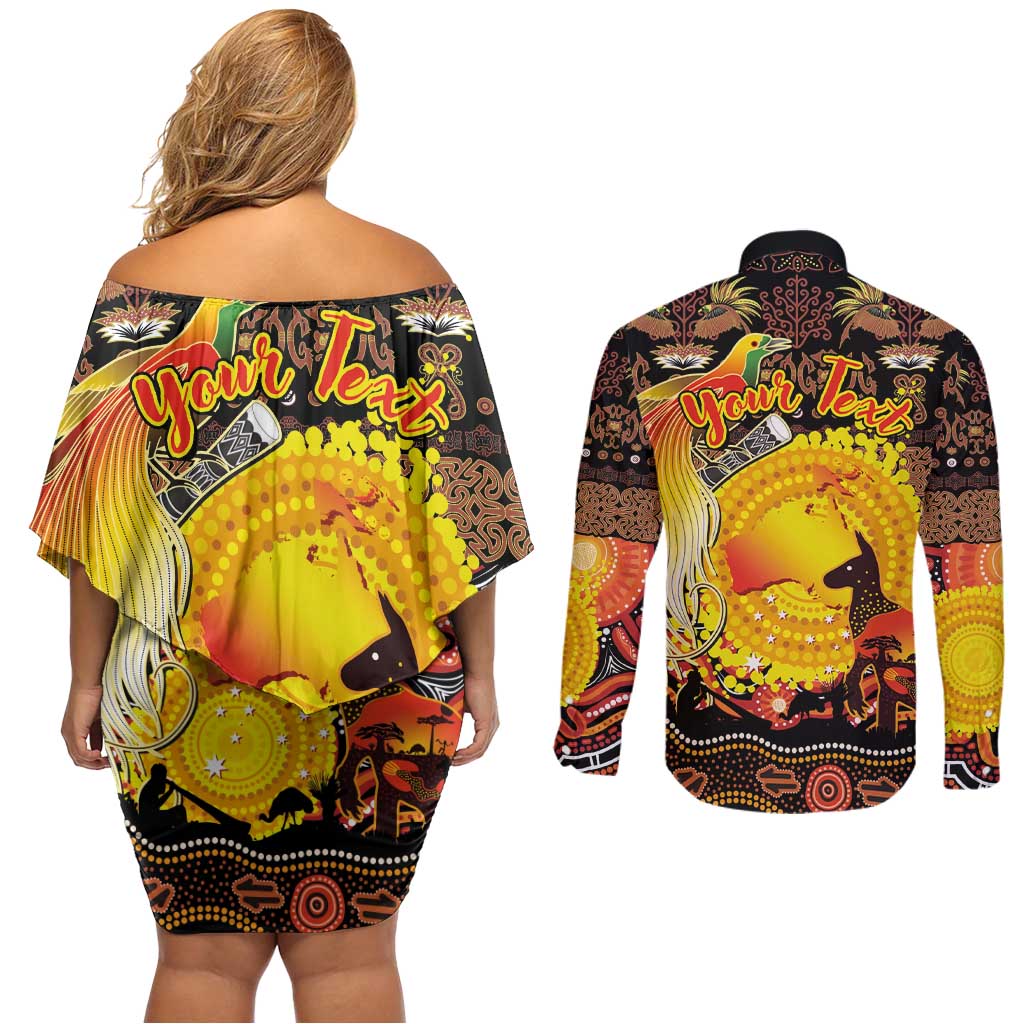 Personalized Australia and Papua New Guinea Together Couples Matching Off Shoulder Short Dress and Long Sleeve Button Shirt Kangaroo Aboriginal Art and Bird-of-paradise Oro Tribal Motifs - Aussie Hoodie