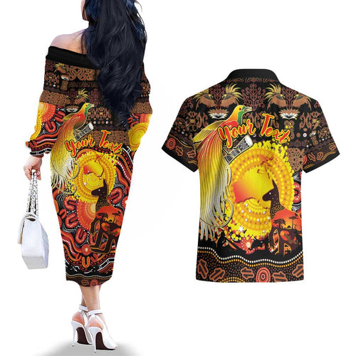 Personalized Australia and Papua New Guinea Together Couples Matching Off The Shoulder Long Sleeve Dress and Hawaiian Shirt Kangaroo Aboriginal Art and Bird-of-paradise Oro Tribal Motifs - Aussie Hoodie