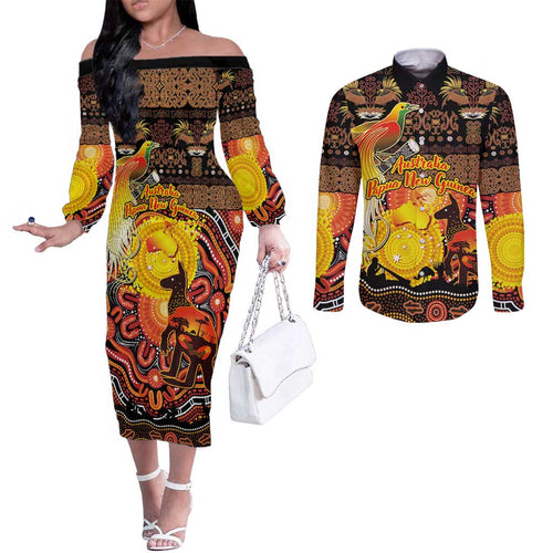 Personalized Australia and Papua New Guinea Together Couples Matching Off The Shoulder Long Sleeve Dress and Long Sleeve Button Shirt Kangaroo Aboriginal Art and Bird-of-paradise Oro Tribal Motifs - Aussie Hoodie