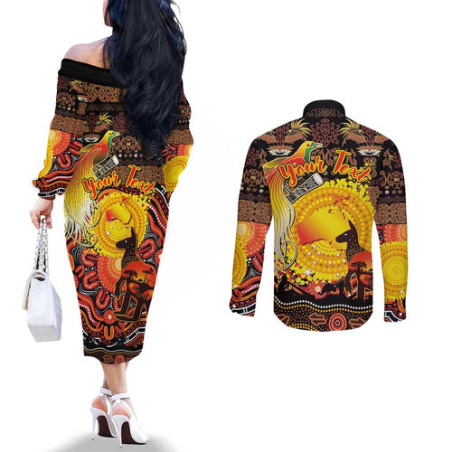 Personalized Australia and Papua New Guinea Together Couples Matching Off The Shoulder Long Sleeve Dress and Long Sleeve Button Shirt Kangaroo Aboriginal Art and Bird-of-paradise Oro Tribal Motifs - Aussie Hoodie