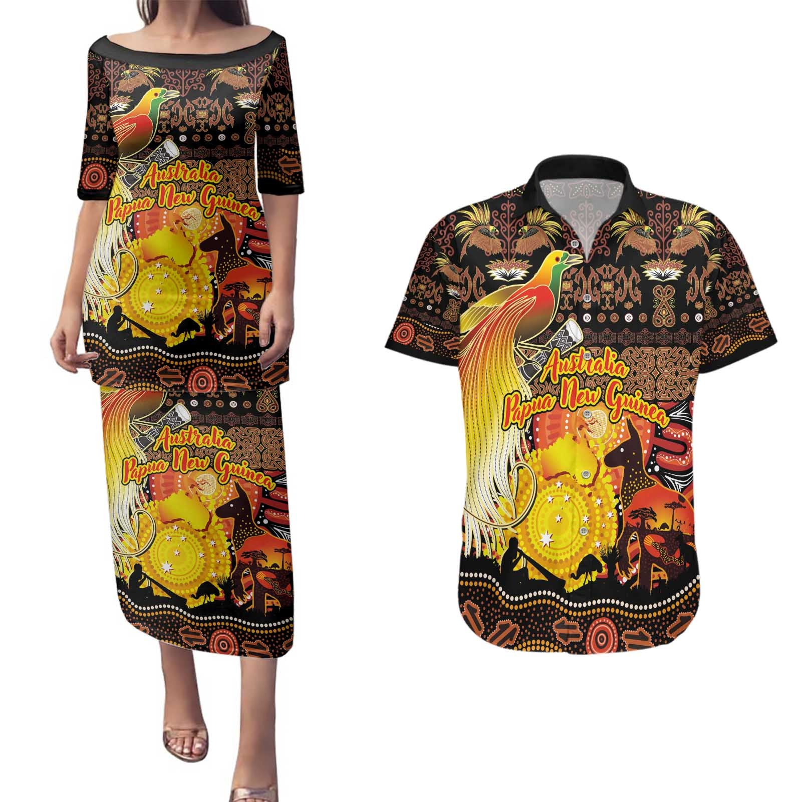 Personalized Australia and Papua New Guinea Together Couples Matching Puletasi and Hawaiian Shirt Kangaroo Aboriginal Art and Bird-of-paradise Oro Tribal Motifs - Aussie Hoodie