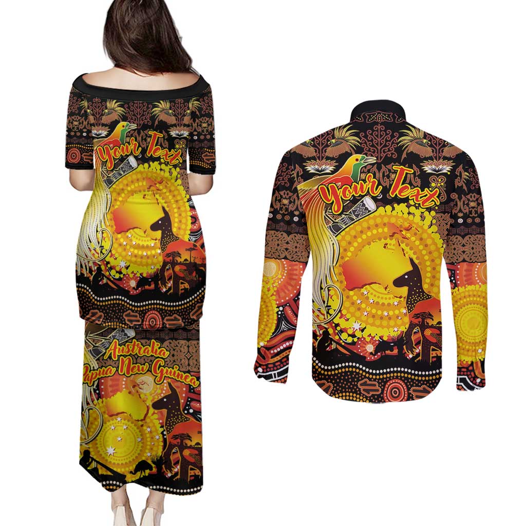 Personalized Australia and Papua New Guinea Together Couples Matching Puletasi and Long Sleeve Button Shirt Kangaroo Aboriginal Art and Bird-of-paradise Oro Tribal Motifs - Aussie Hoodie