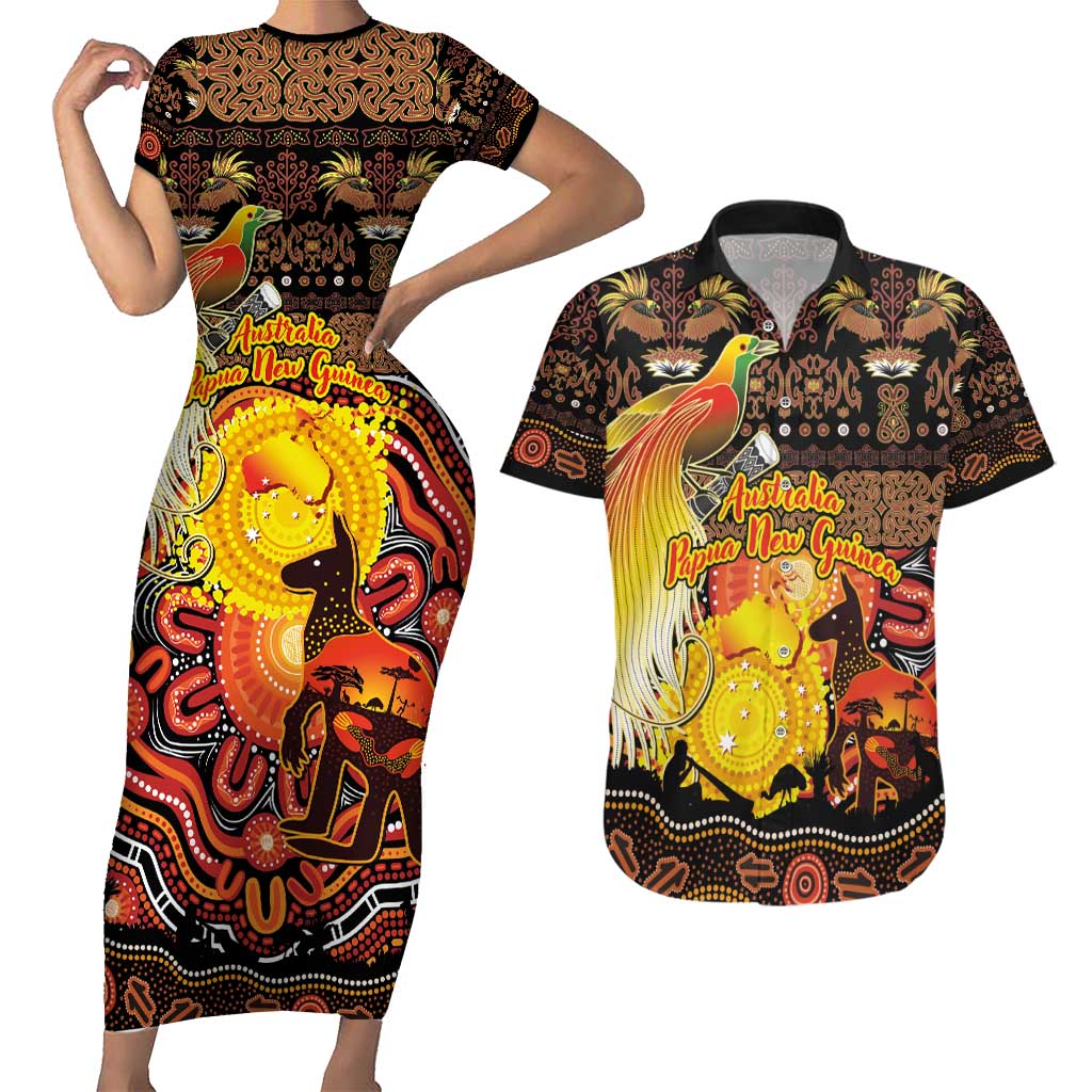 Personalized Australia and Papua New Guinea Together Couples Matching Short Sleeve Bodycon Dress and Hawaiian Shirt Kangaroo Aboriginal Art and Bird-of-paradise Oro Tribal Motifs - Aussie Hoodie