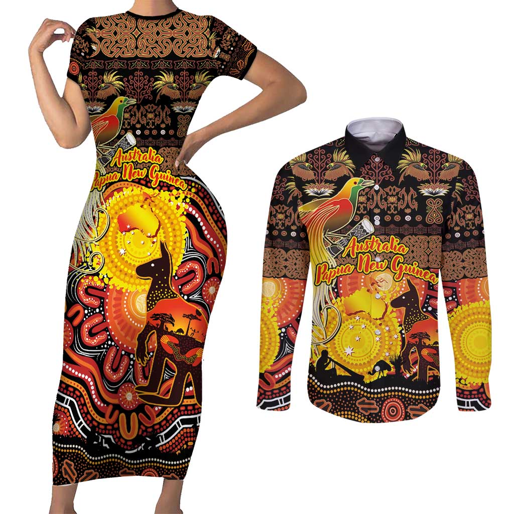 Personalized Australia and Papua New Guinea Together Couples Matching Short Sleeve Bodycon Dress and Long Sleeve Button Shirt Kangaroo Aboriginal Art and Bird-of-paradise Oro Tribal Motifs - Aussie Hoodie