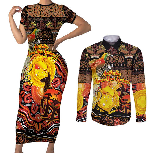 Personalized Australia and Papua New Guinea Together Couples Matching Short Sleeve Bodycon Dress and Long Sleeve Button Shirt Kangaroo Aboriginal Art and Bird-of-paradise Oro Tribal Motifs - Aussie Hoodie