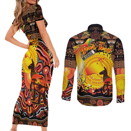 Personalized Australia and Papua New Guinea Together Couples Matching Short Sleeve Bodycon Dress and Long Sleeve Button Shirt Kangaroo Aboriginal Art and Bird-of-paradise Oro Tribal Motifs - Aussie Hoodie