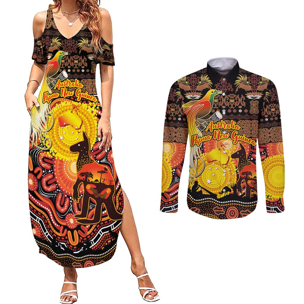 Personalized Australia and Papua New Guinea Together Couples Matching Summer Maxi Dress and Long Sleeve Button Shirt Kangaroo Aboriginal Art and Bird-of-paradise Oro Tribal Motifs - Aussie Hoodie