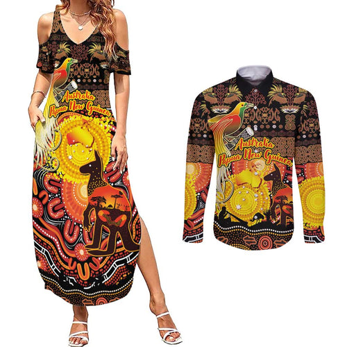 Personalized Australia and Papua New Guinea Together Couples Matching Summer Maxi Dress and Long Sleeve Button Shirt Kangaroo Aboriginal Art and Bird-of-paradise Oro Tribal Motifs - Aussie Hoodie