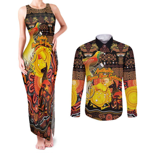 Personalized Australia and Papua New Guinea Together Couples Matching Tank Maxi Dress and Long Sleeve Button Shirt Kangaroo Aboriginal Art and Bird-of-paradise Oro Tribal Motifs - Aussie Hoodie