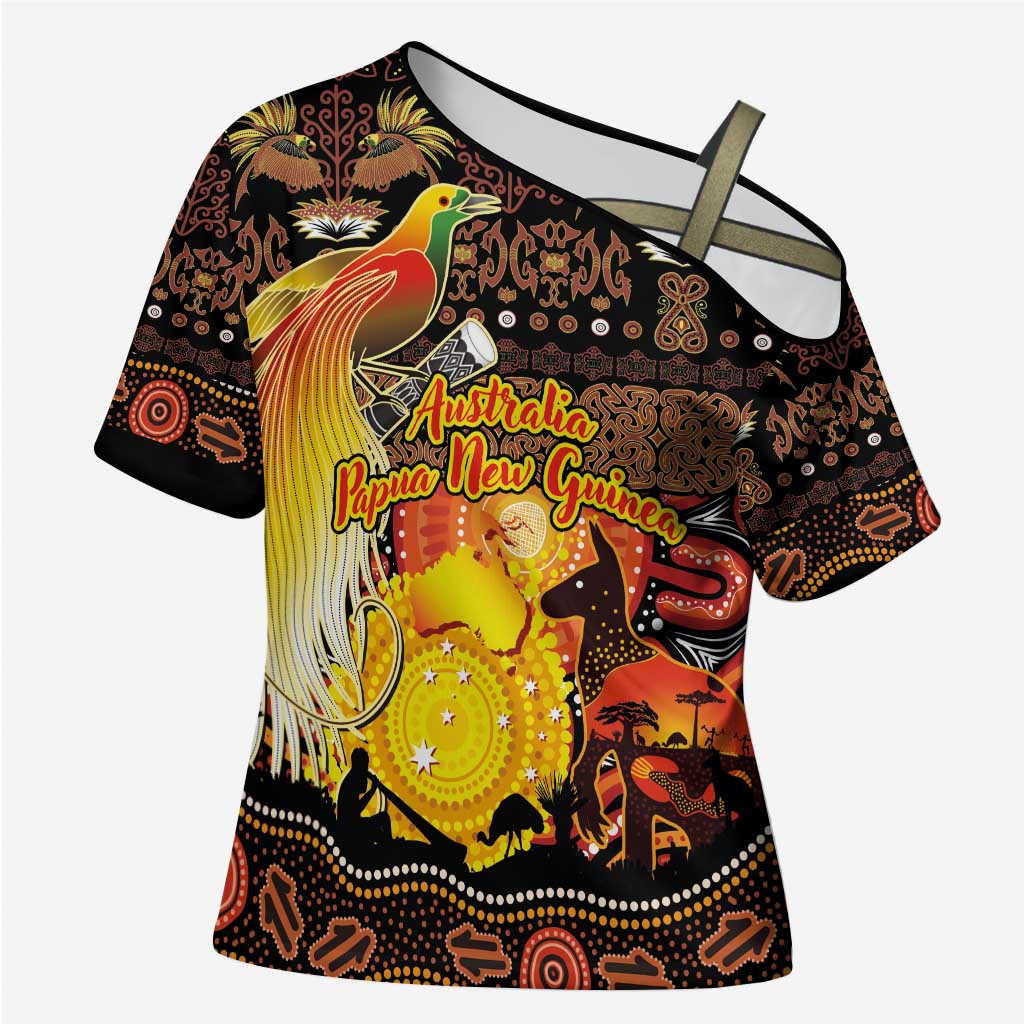 Personalized Australia and Papua New Guinea Together Cross Shoulder Shirt Kangaroo Aboriginal Art and Bird-of-paradise Oro Tribal Motifs - Aussie Hoodie