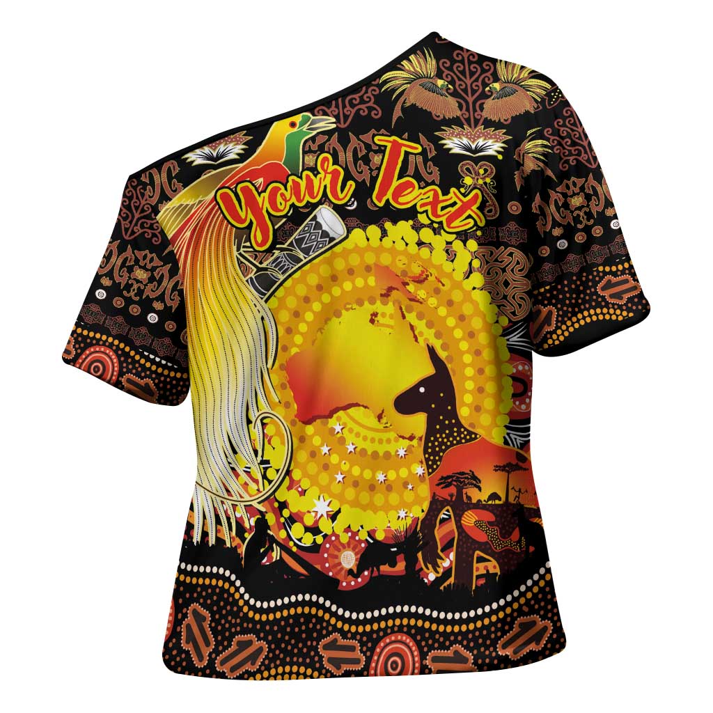 Personalized Australia and Papua New Guinea Together Cross Shoulder Shirt Kangaroo Aboriginal Art and Bird-of-paradise Oro Tribal Motifs - Aussie Hoodie