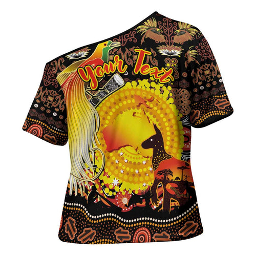 Personalized Australia and Papua New Guinea Together Cross Shoulder Shirt Kangaroo Aboriginal Art and Bird-of-paradise Oro Tribal Motifs - Aussie Hoodie