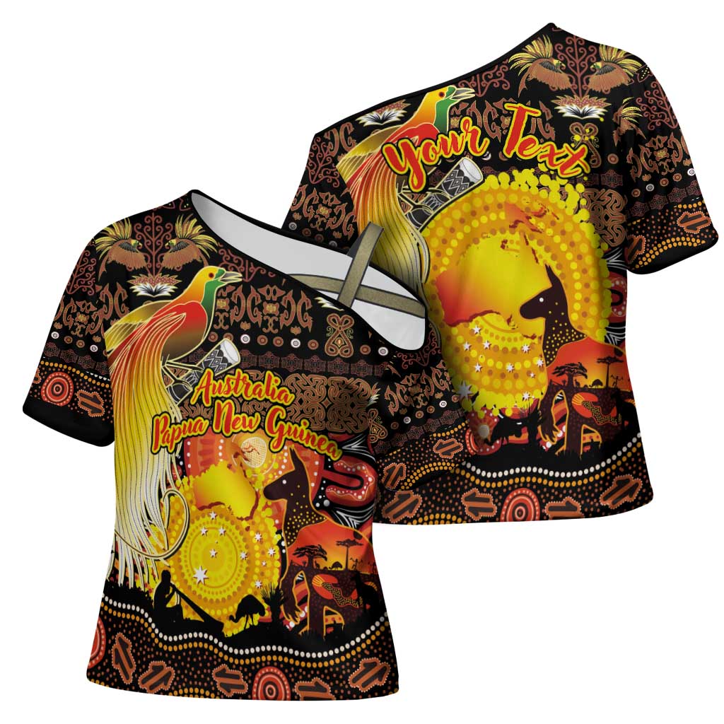Personalized Australia and Papua New Guinea Together Cross Shoulder Shirt Kangaroo Aboriginal Art and Bird-of-paradise Oro Tribal Motifs - Aussie Hoodie