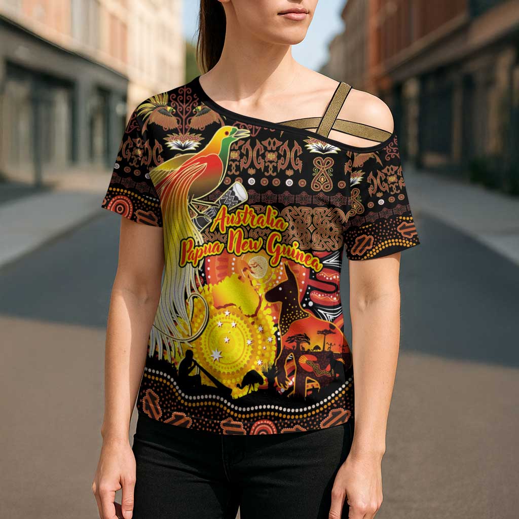 Personalized Australia and Papua New Guinea Together Cross Shoulder Shirt Kangaroo Aboriginal Art and Bird-of-paradise Oro Tribal Motifs - Aussie Hoodie