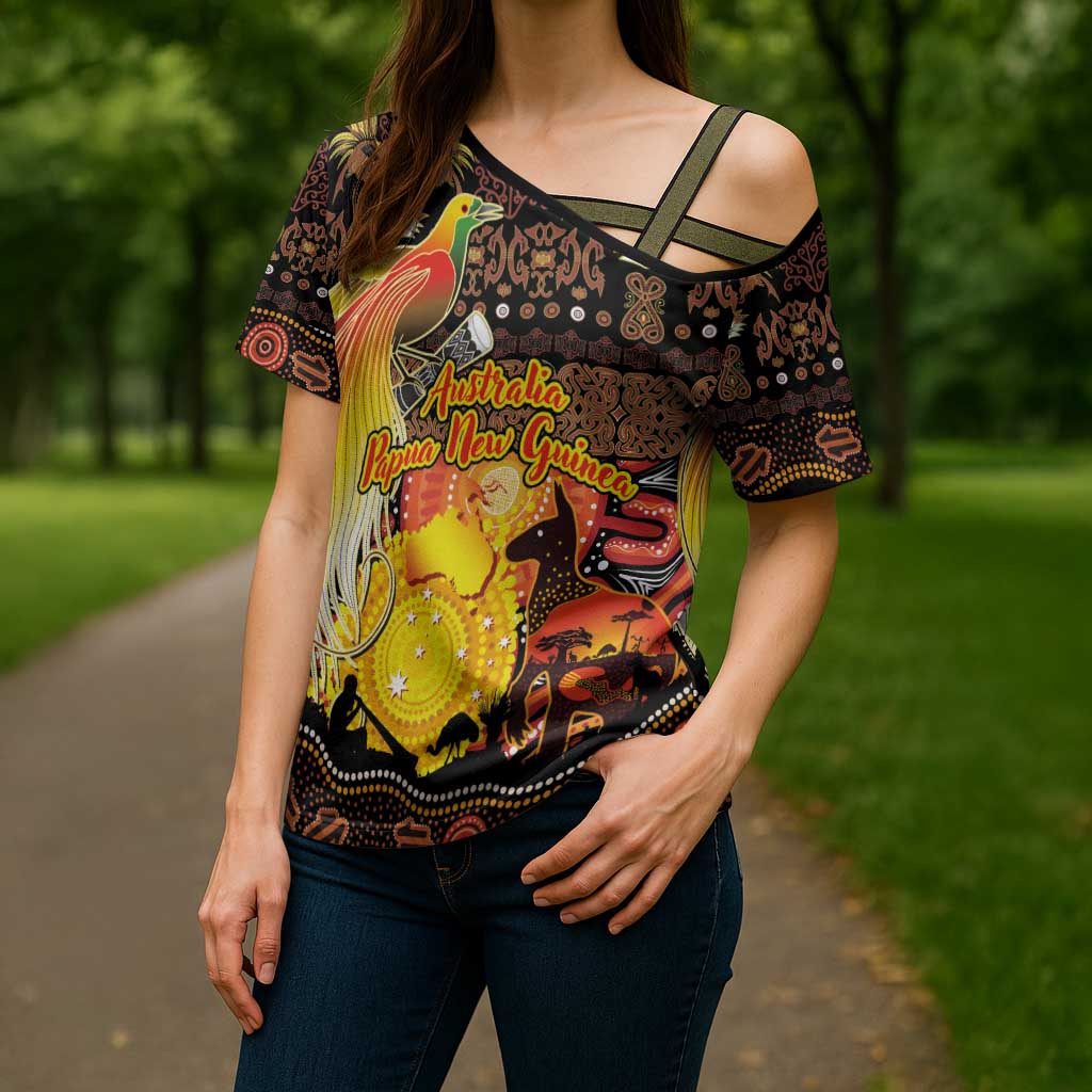 Personalized Australia and Papua New Guinea Together Cross Shoulder Shirt Kangaroo Aboriginal Art and Bird-of-paradise Oro Tribal Motifs - Aussie Hoodie