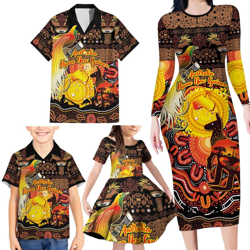 Personalized Australia and Papua New Guinea Together Family Matching Long Sleeve Bodycon Dress and Hawaiian Shirt Kangaroo Aboriginal Art and Bird-of-paradise Oro Tribal Motifs - Aussie Hoodie