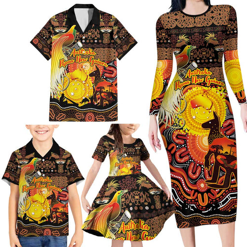 Personalized Australia and Papua New Guinea Together Family Matching Long Sleeve Bodycon Dress and Hawaiian Shirt Kangaroo Aboriginal Art and Bird-of-paradise Oro Tribal Motifs - Aussie Hoodie