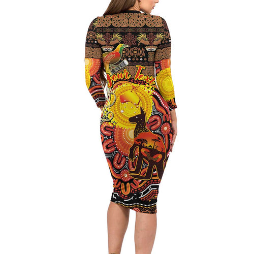 Personalized Australia and Papua New Guinea Together Family Matching Long Sleeve Bodycon Dress and Hawaiian Shirt Kangaroo Aboriginal Art and Bird-of-paradise Oro Tribal Motifs - Aussie Hoodie