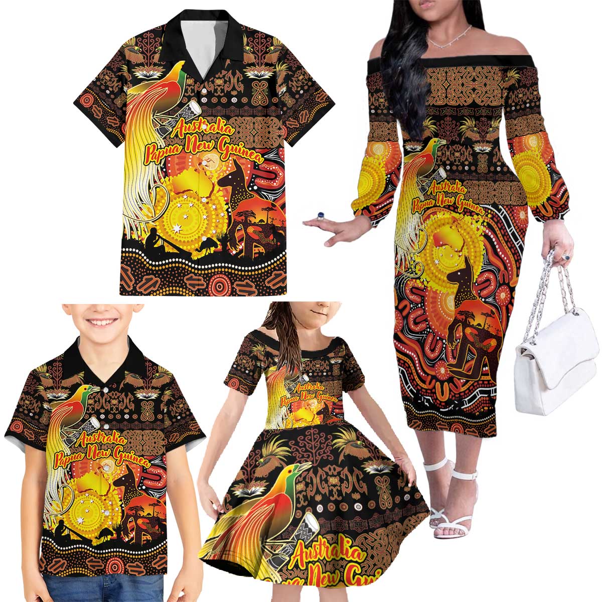 Personalized Australia and Papua New Guinea Together Family Matching Off The Shoulder Long Sleeve Dress and Hawaiian Shirt Kangaroo Aboriginal Art and Bird-of-paradise Oro Tribal Motifs - Aussie Hoodie