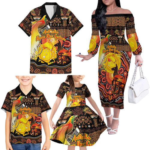 Personalized Australia and Papua New Guinea Together Family Matching Off The Shoulder Long Sleeve Dress and Hawaiian Shirt Kangaroo Aboriginal Art and Bird-of-paradise Oro Tribal Motifs - Aussie Hoodie