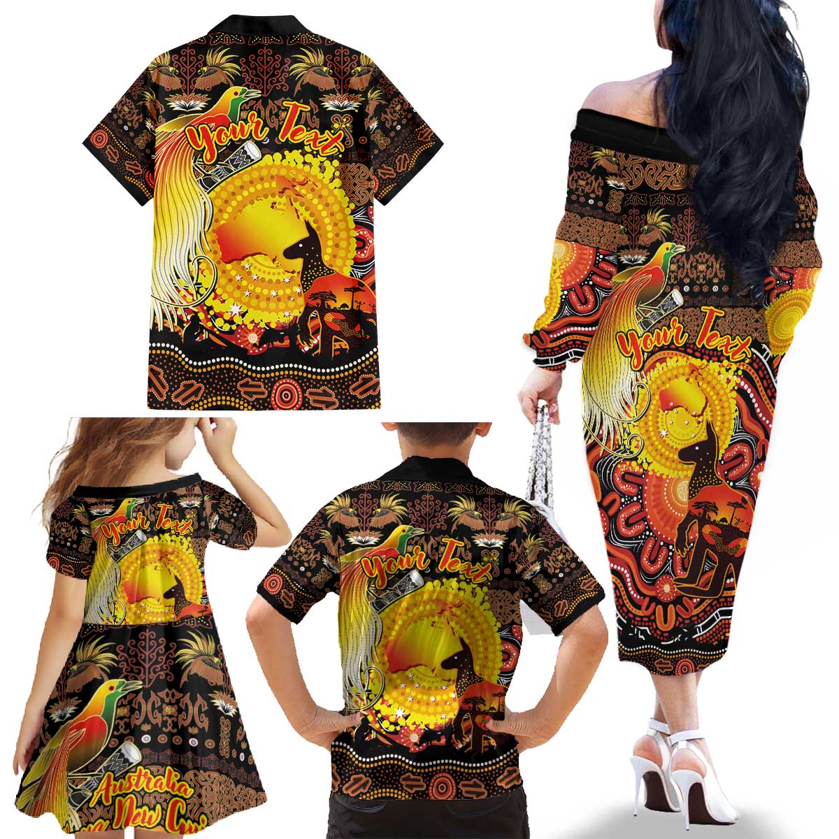 Personalized Australia and Papua New Guinea Together Family Matching Off The Shoulder Long Sleeve Dress and Hawaiian Shirt Kangaroo Aboriginal Art and Bird-of-paradise Oro Tribal Motifs - Aussie Hoodie