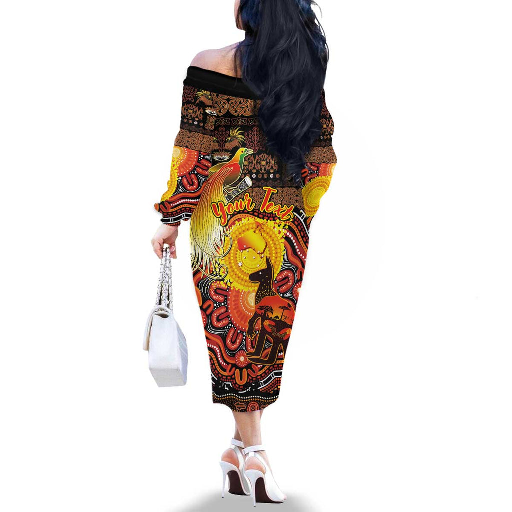 Personalized Australia and Papua New Guinea Together Family Matching Off The Shoulder Long Sleeve Dress and Hawaiian Shirt Kangaroo Aboriginal Art and Bird-of-paradise Oro Tribal Motifs - Aussie Hoodie