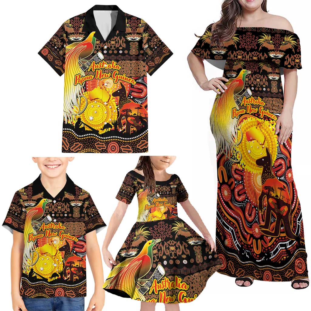 Personalized Australia and Papua New Guinea Together Family Matching Off Shoulder Maxi Dress and Hawaiian Shirt Kangaroo Aboriginal Art and Bird-of-paradise Oro Tribal Motifs - Aussie Hoodie