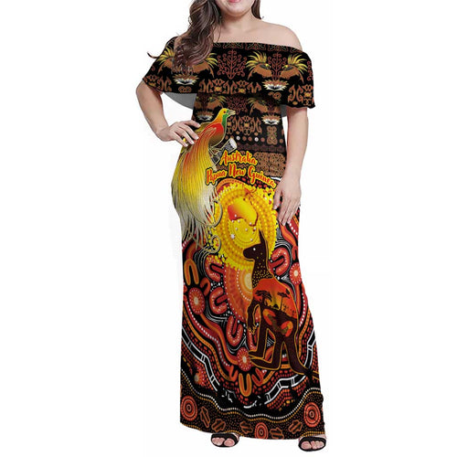 Personalized Australia and Papua New Guinea Together Family Matching Off Shoulder Maxi Dress and Hawaiian Shirt Kangaroo Aboriginal Art and Bird-of-paradise Oro Tribal Motifs - Aussie Hoodie