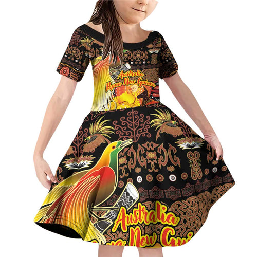 Personalized Australia and Papua New Guinea Together Family Matching Off Shoulder Short Dress and Hawaiian Shirt Kangaroo Aboriginal Art and Bird-of-paradise Oro Tribal Motifs - Aussie Hoodie