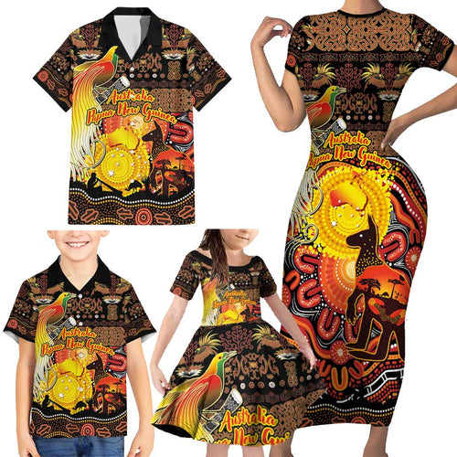 Personalized Australia and Papua New Guinea Together Family Matching Short Sleeve Bodycon Dress and Hawaiian Shirt Kangaroo Aboriginal Art and Bird-of-paradise Oro Tribal Motifs - Aussie Hoodie