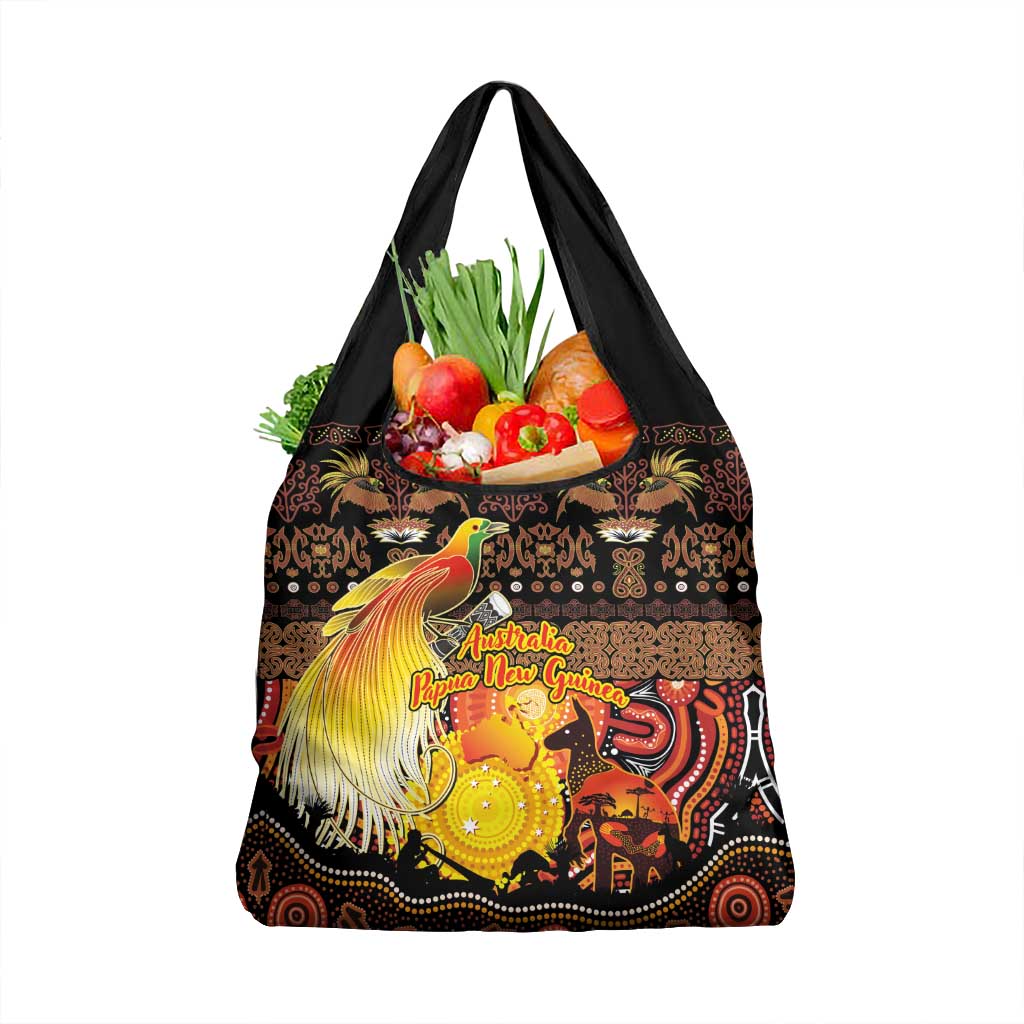 Australia and Papua New Guinea Together Grocery Bag Kangaroo Aboriginal Art and Bird-of-paradise Oro Tribal Motifs - Aussie Hoodie