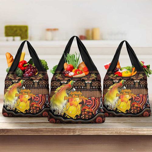 Australia and Papua New Guinea Together Grocery Bag Kangaroo Aboriginal Art and Bird-of-paradise Oro Tribal Motifs - Aussie Hoodie