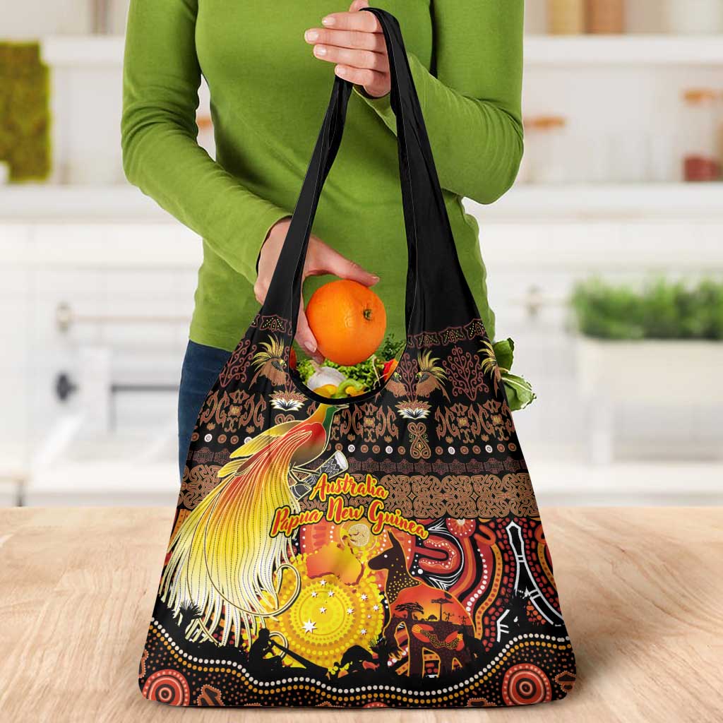 Australia and Papua New Guinea Together Grocery Bag Kangaroo Aboriginal Art and Bird-of-paradise Oro Tribal Motifs - Aussie Hoodie