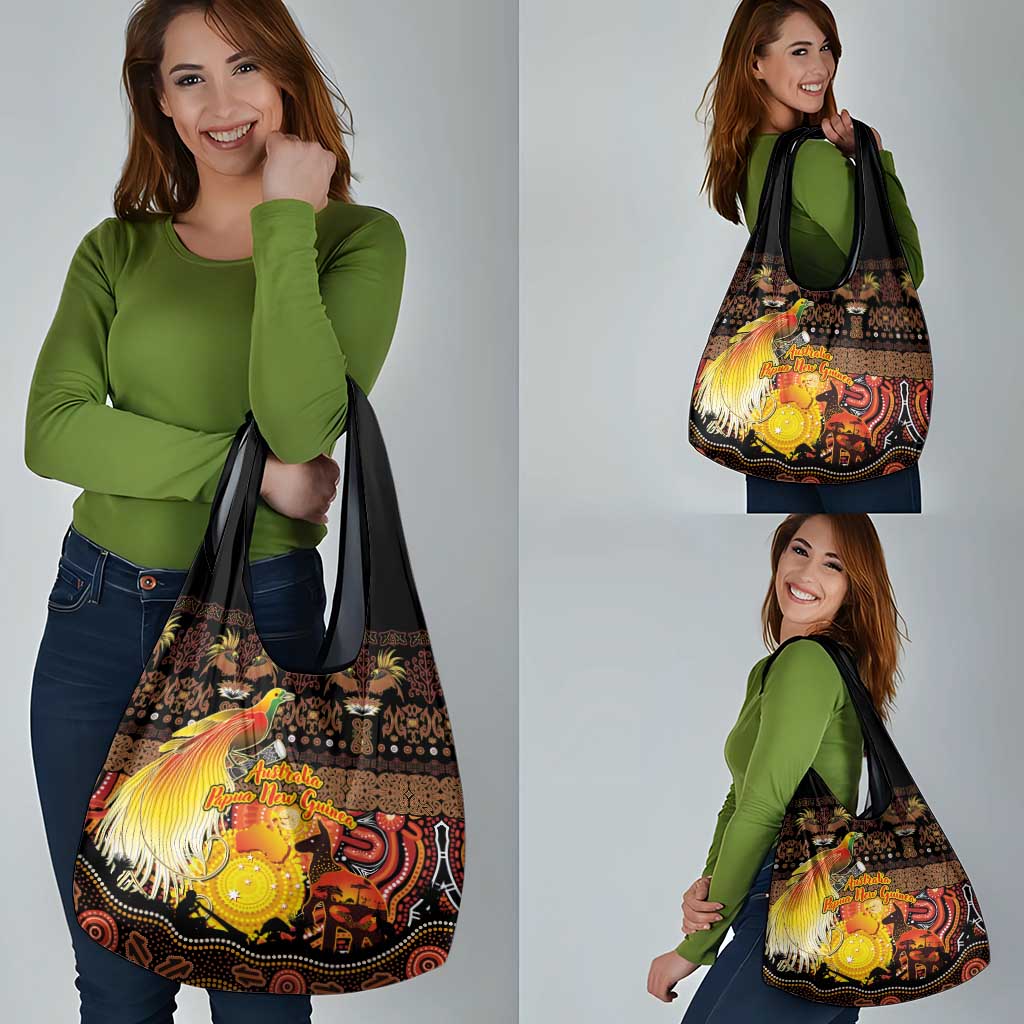Australia and Papua New Guinea Together Grocery Bag Kangaroo Aboriginal Art and Bird-of-paradise Oro Tribal Motifs - Aussie Hoodie
