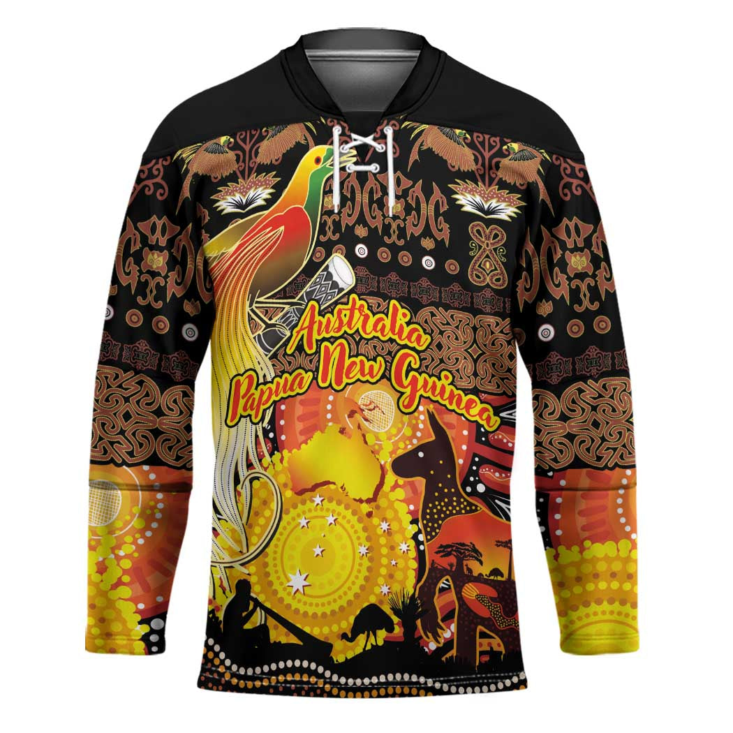 Personalized Australia and Papua New Guinea Together Hockey Jersey Kangaroo Aboriginal Art and Bird-of-paradise Oro Tribal Motifs - Aussie Hoodie