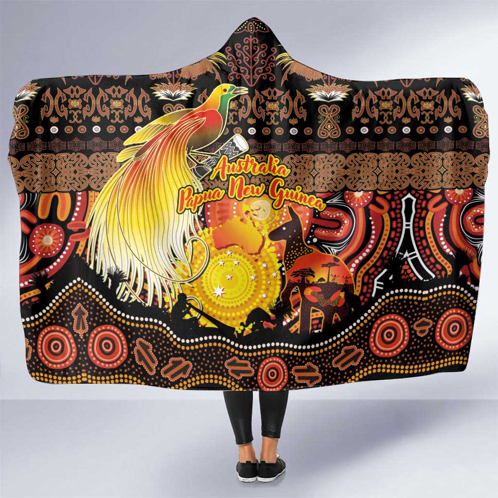 Australia and Papua New Guinea Together Hooded Blanket Kangaroo Aboriginal Art and Bird-of-paradise Oro Tribal Motifs - Aussie Hoodie