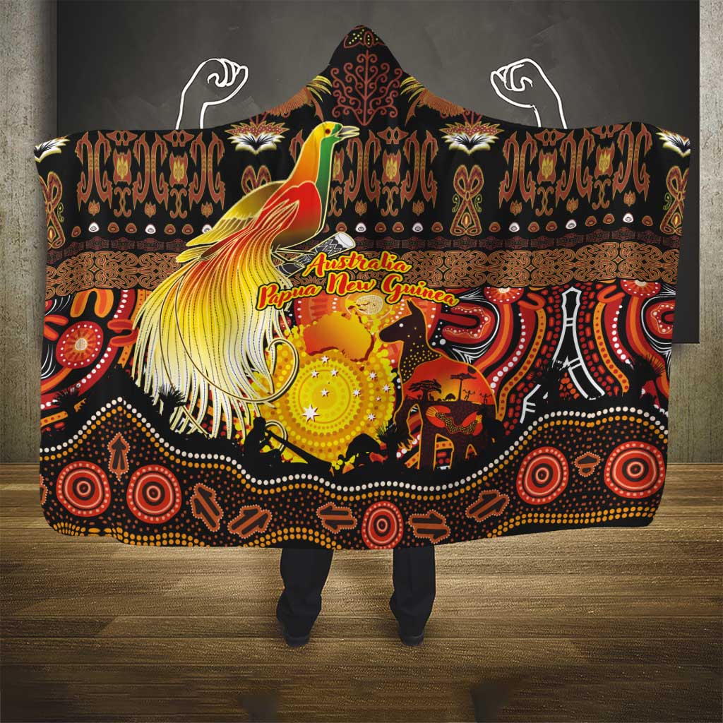 Australia and Papua New Guinea Together Hooded Blanket Kangaroo Aboriginal Art and Bird-of-paradise Oro Tribal Motifs - Aussie Hoodie