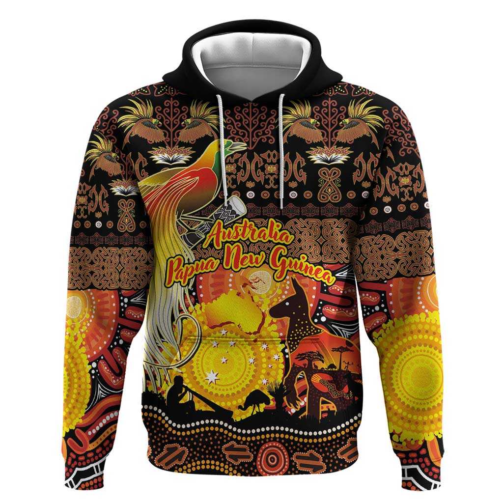 Personalized Australia and Papua New Guinea Together Hoodie Kangaroo Aboriginal Art and Bird-of-paradise Oro Tribal Motifs - Aussie Hoodie