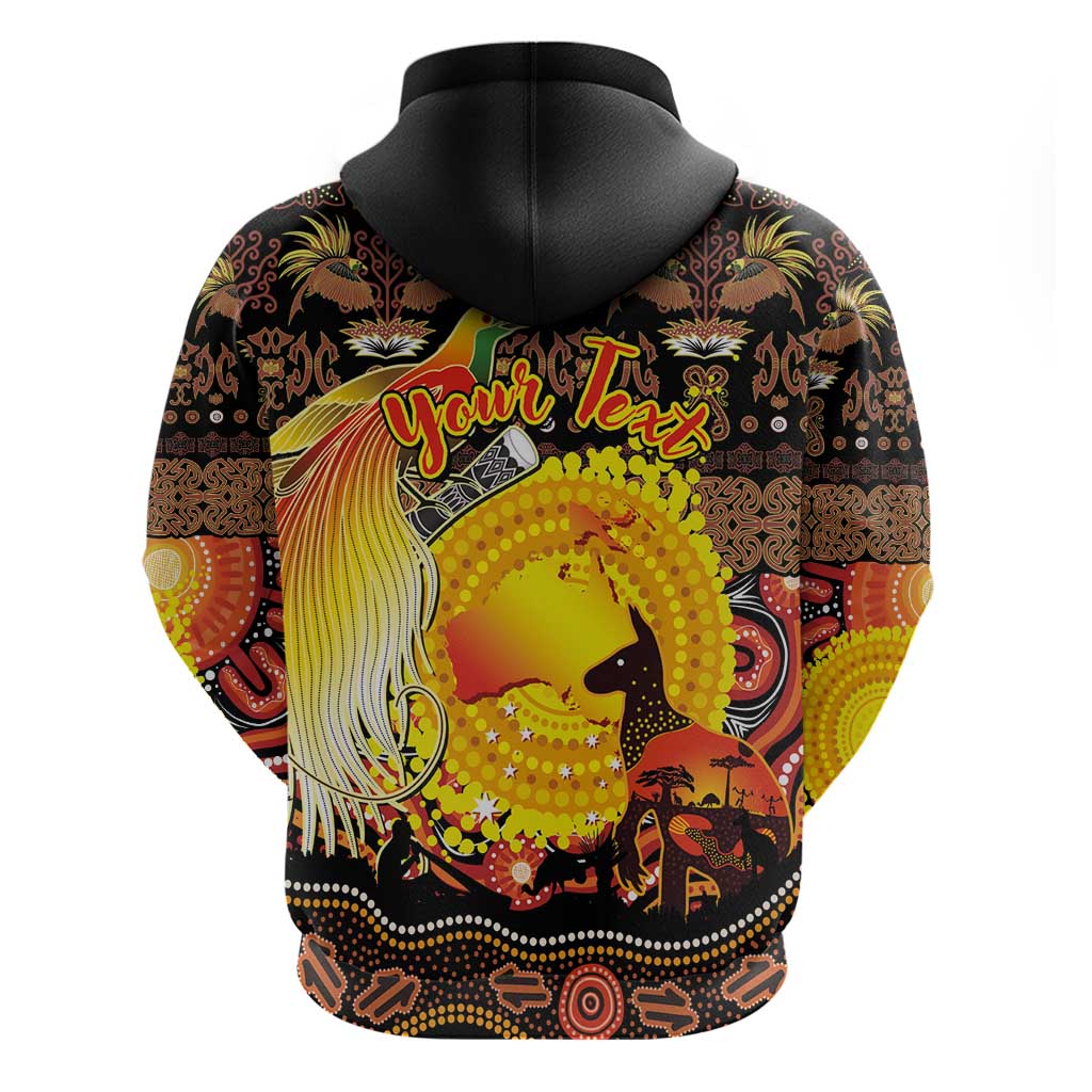 Personalized Australia and Papua New Guinea Together Hoodie Kangaroo Aboriginal Art and Bird-of-paradise Oro Tribal Motifs - Aussie Hoodie