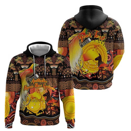 Personalized Australia and Papua New Guinea Together Hoodie Kangaroo Aboriginal Art and Bird-of-paradise Oro Tribal Motifs - Aussie Hoodie