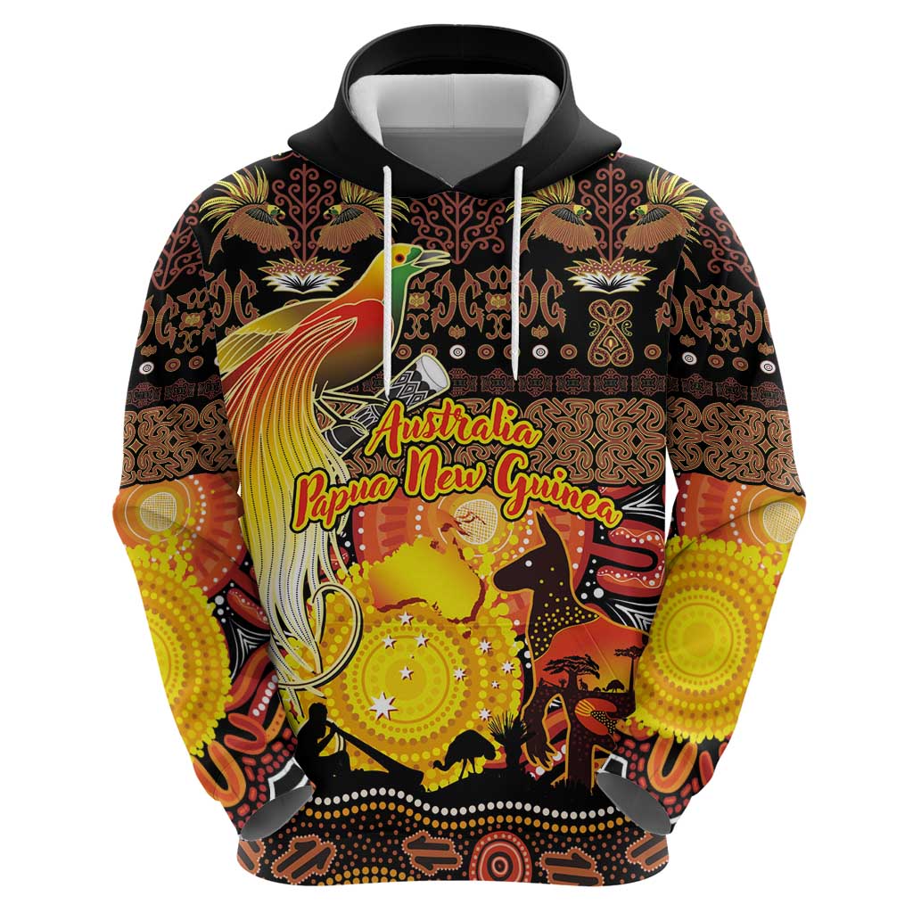 Personalized Australia and Papua New Guinea Together Hoodie Kangaroo Aboriginal Art and Bird-of-paradise Oro Tribal Motifs - Aussie Hoodie