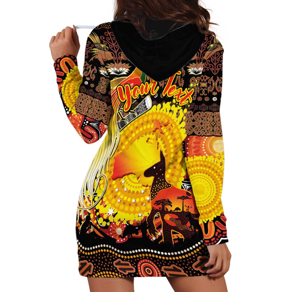 Personalized Australia and Papua New Guinea Together Hoodie Dress Kangaroo Aboriginal Art and Bird-of-paradise Oro Tribal Motifs - Aussie Hoodie