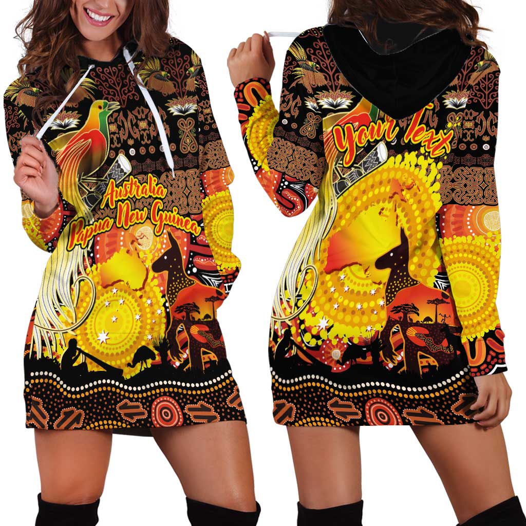 Personalized Australia and Papua New Guinea Together Hoodie Dress Kangaroo Aboriginal Art and Bird-of-paradise Oro Tribal Motifs - Aussie Hoodie