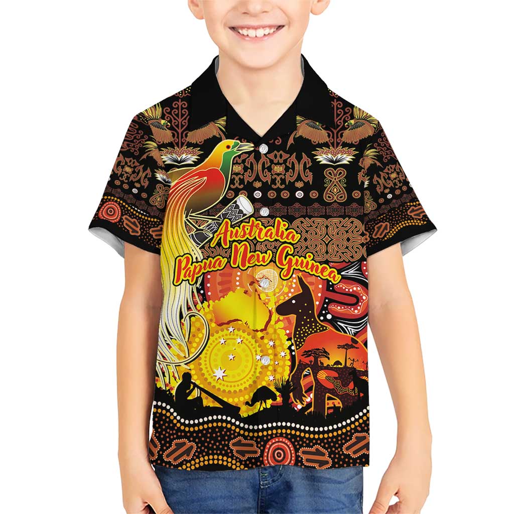 Personalized Australia and Papua New Guinea Together Kid Hawaiian Shirt Kangaroo Aboriginal Art and Bird-of-paradise Oro Tribal Motifs - Aussie Hoodie