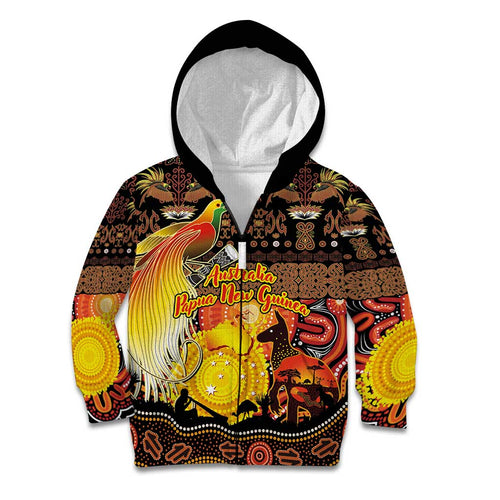 Personalized Australia and Papua New Guinea Together Kid Hoodie Kangaroo Aboriginal Art and Bird-of-paradise Oro Tribal Motifs - Aussie Hoodie