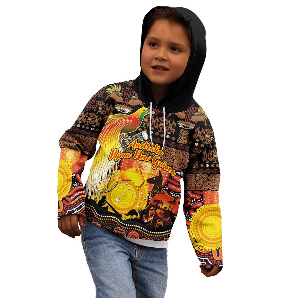 Personalized Australia and Papua New Guinea Together Kid Hoodie Kangaroo Aboriginal Art and Bird-of-paradise Oro Tribal Motifs - Aussie Hoodie