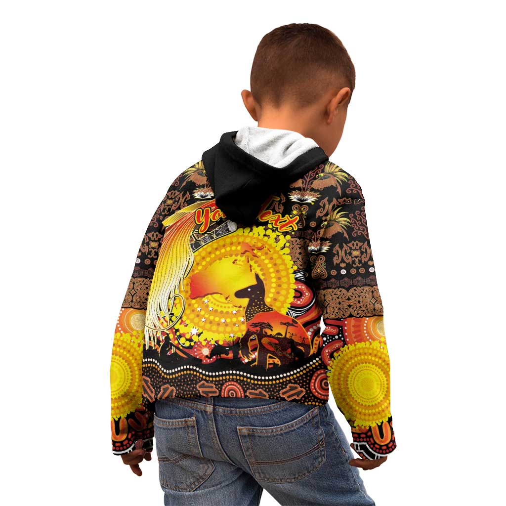 Personalized Australia and Papua New Guinea Together Kid Hoodie Kangaroo Aboriginal Art and Bird-of-paradise Oro Tribal Motifs - Aussie Hoodie
