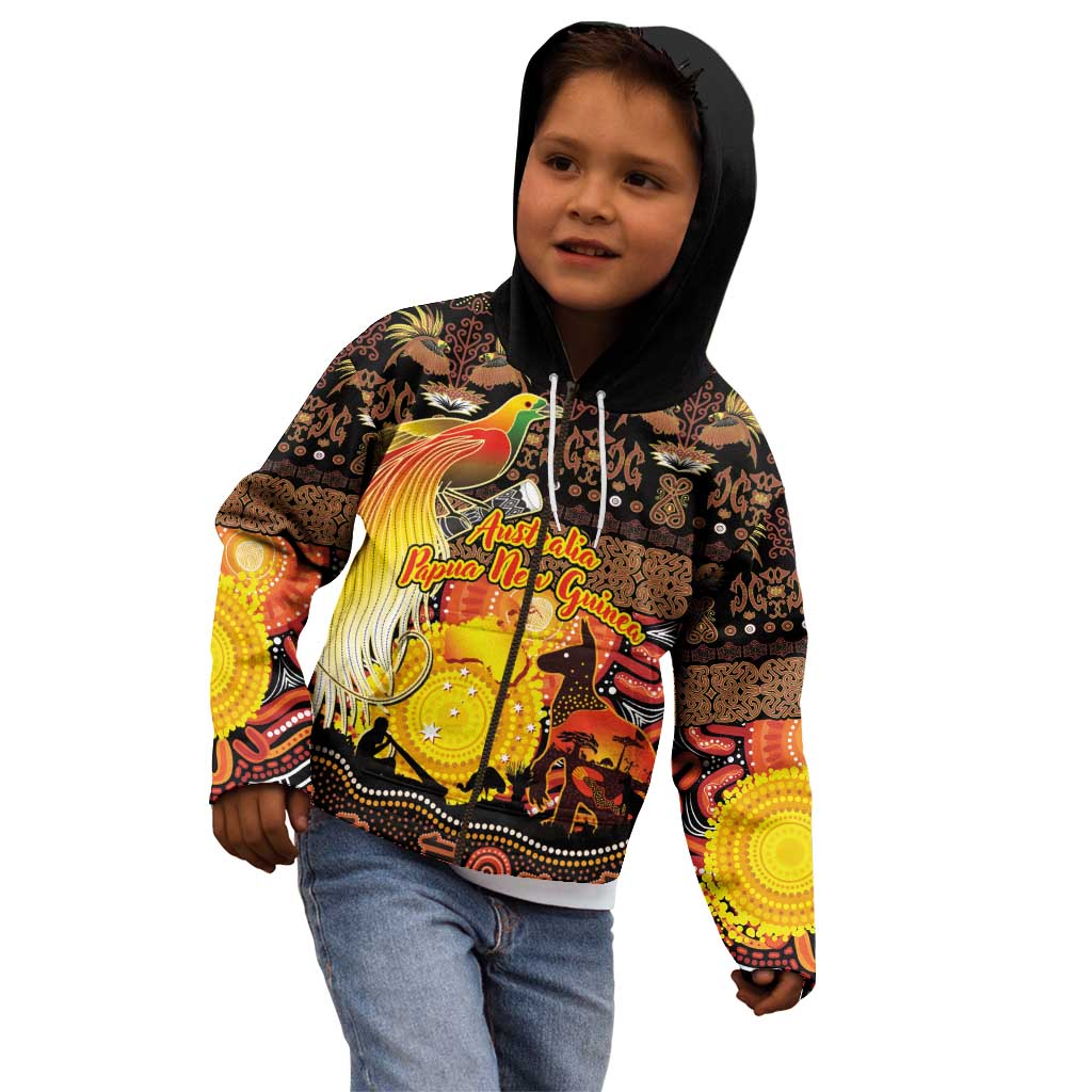 Personalized Australia and Papua New Guinea Together Kid Hoodie Kangaroo Aboriginal Art and Bird-of-paradise Oro Tribal Motifs - Aussie Hoodie