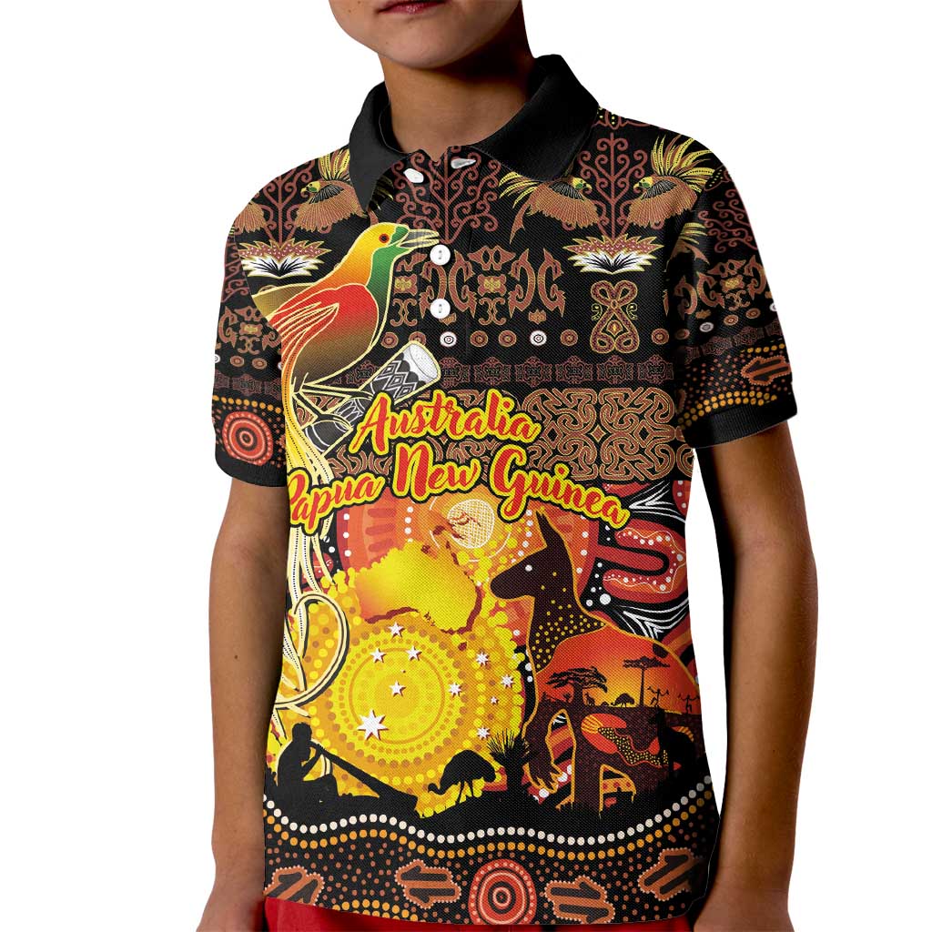 Personalized Australia and Papua New Guinea Together Kid Polo Shirt Kangaroo Aboriginal Art and Bird-of-paradise Oro Tribal Motifs - Aussie Hoodie