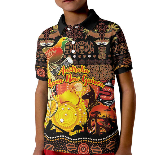 Personalized Australia and Papua New Guinea Together Kid Polo Shirt Kangaroo Aboriginal Art and Bird-of-paradise Oro Tribal Motifs - Aussie Hoodie